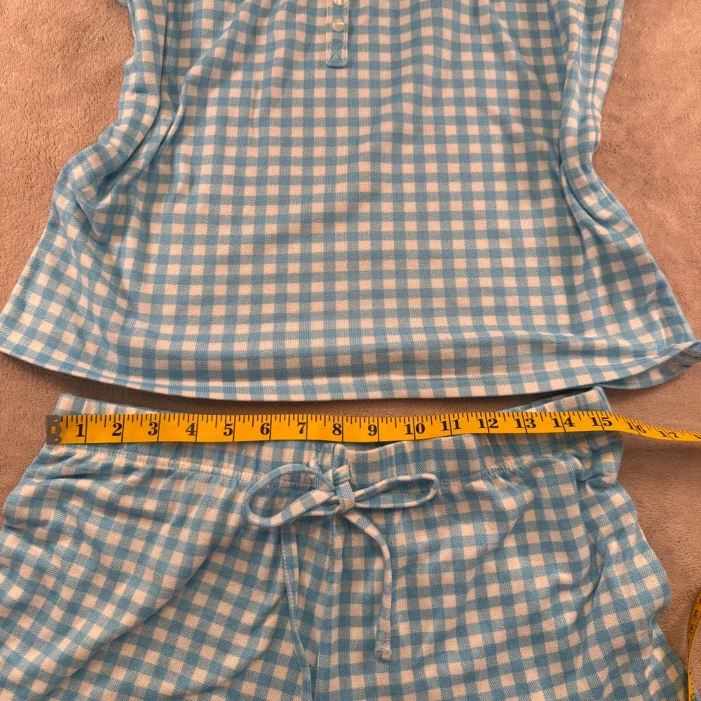 KIKIT Gingham Pajama Set Blue White Henley Tank Shorts Loungewear Sz XL